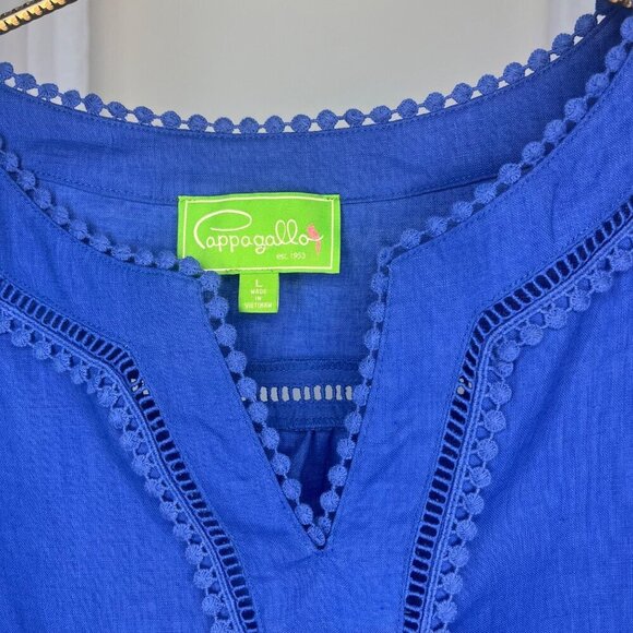 Pappagallo Linen Blouse Sleeveless Woven Ladies LARGE Blue Notched Neck Line - Picture 4 of 5